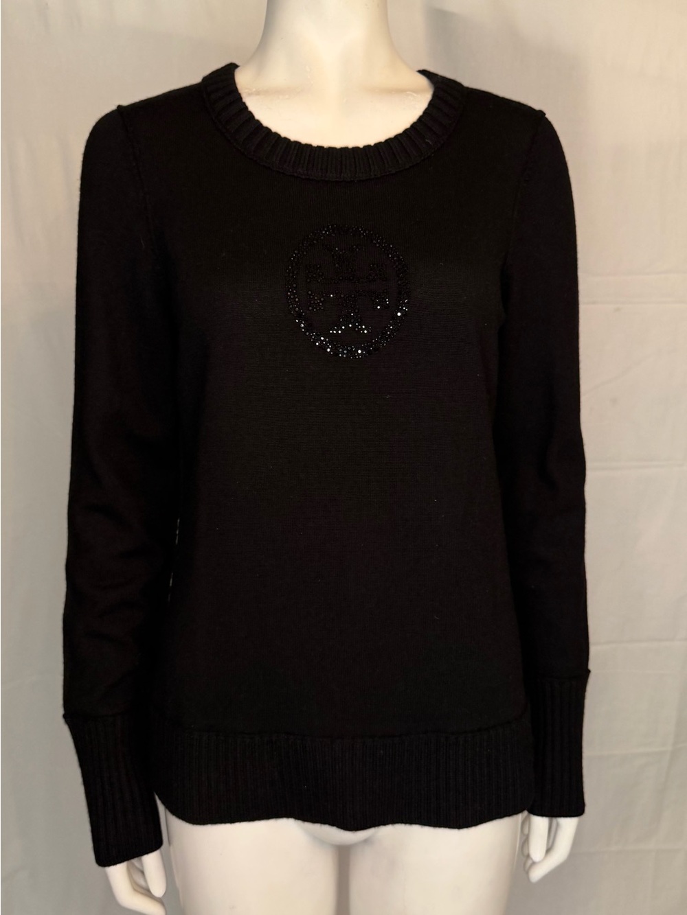 Tory Burch Black Crewneck Sweater with Beaded Logo